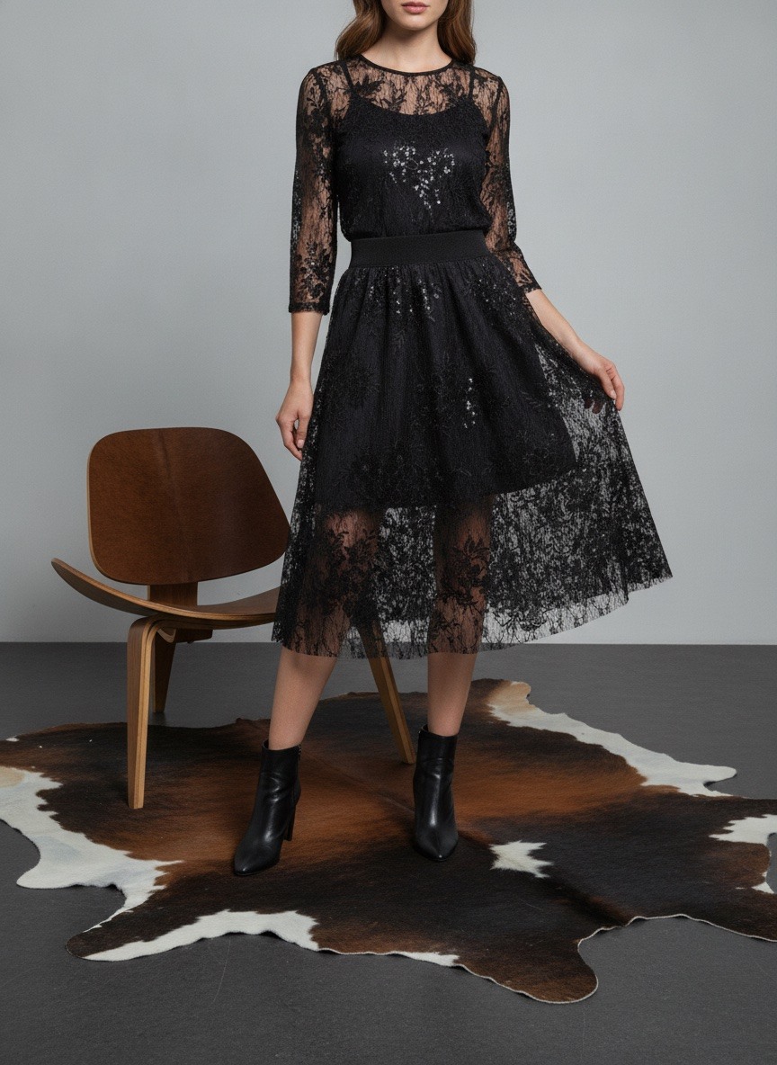 Großhändler LAFÉEROSE - LANGER SEIDENROCK, SPITZE, PAILLETTEN, GLITZER, STRASS, FLÜSSIG, ABEND-CHIC, NEU