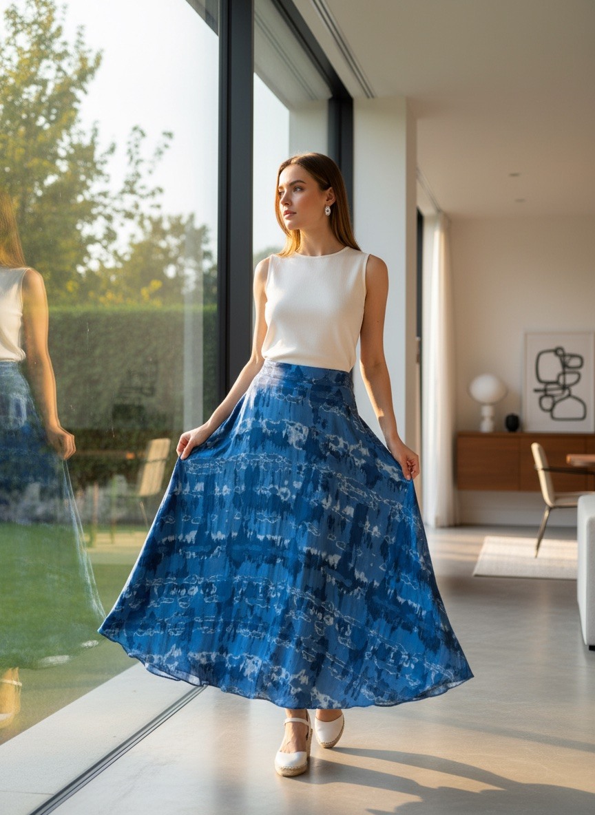 Mayorista LAFÉEROSE - Falda viscosa larga y acampanada con corbata y estampado de tinte - trapecio drapeado