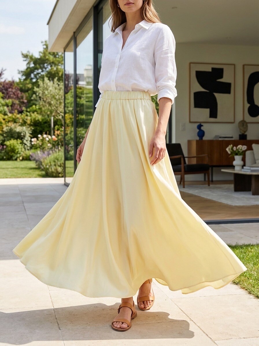 Mayorista LAFÉEROSE - Falda larga maxi 100% viscosa satinada fluida y muy acampanada «volante» - chic y elegante
