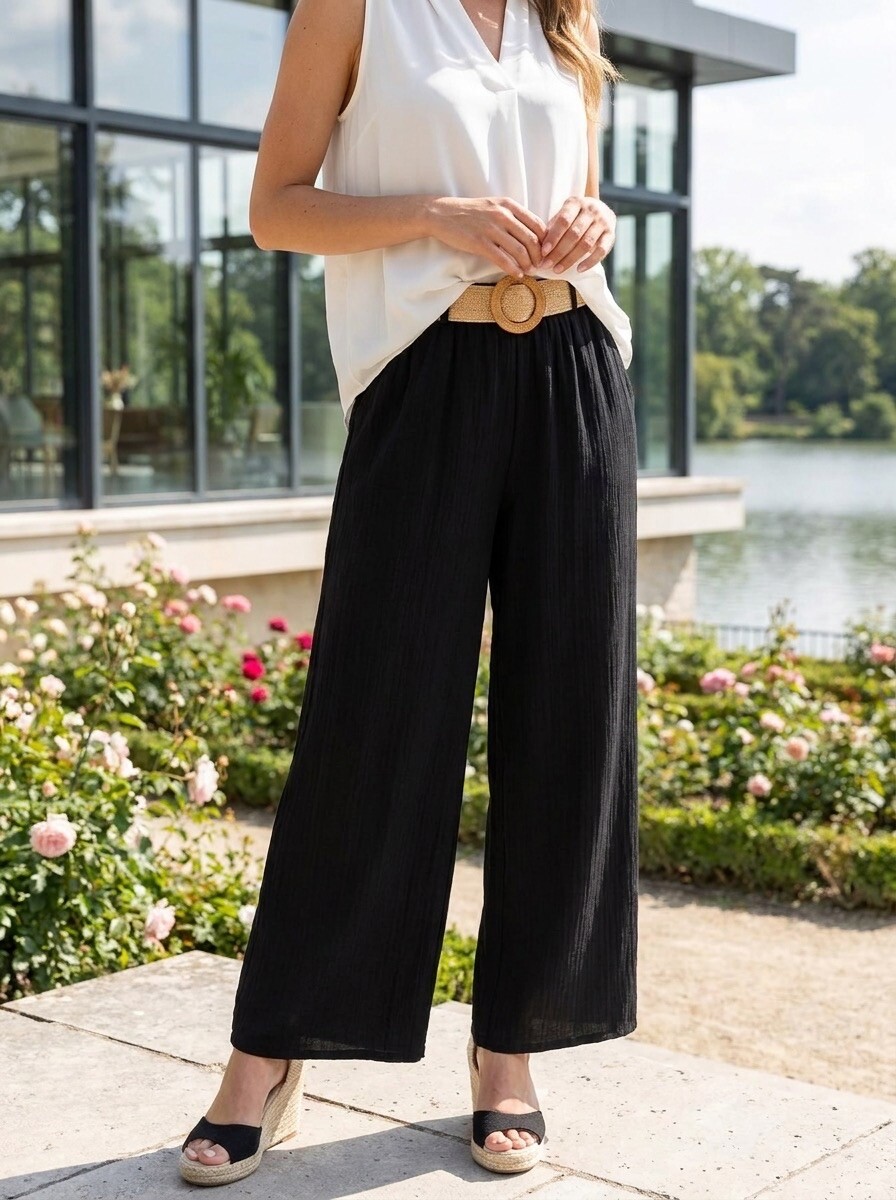 Grossista LAFÉEROSE - Pantaloni Ampi “Riviera” con Cintura in Rafia