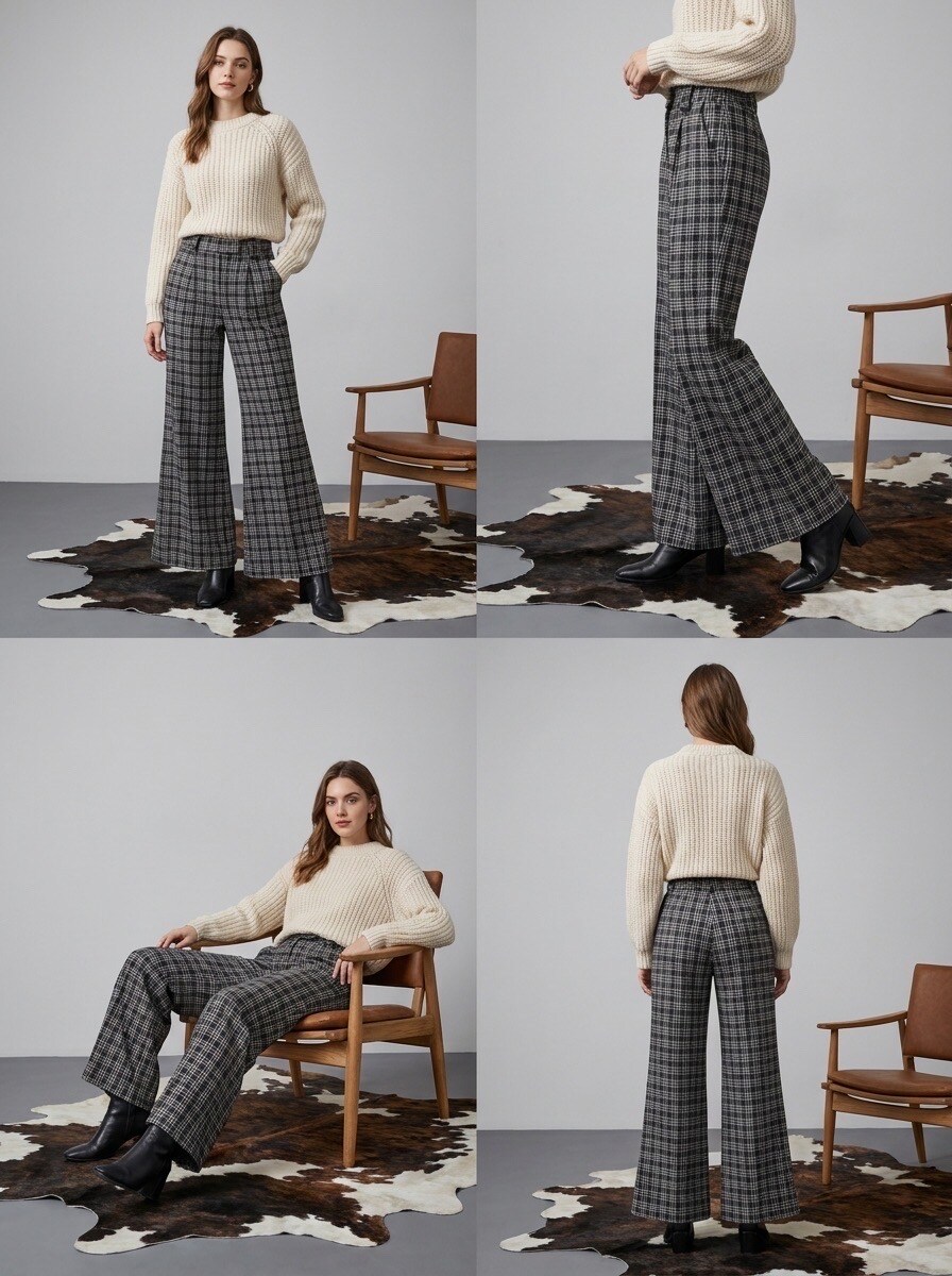 Grossiste LAFÉEROSE - PANTALON LONG À CARREAUX CEINTURE À NOEUDS JAMBES LARGES ÉLÉGANT CHIC
