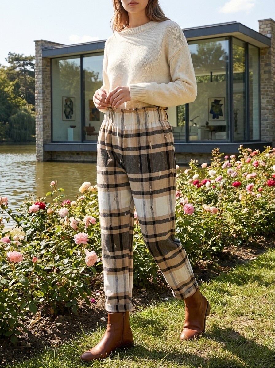 Mayorista LAFÉEROSE - Pantalones cropped - pantalón de algodón a cuadros con bolsillos y dobladillo elástico en la cintura
