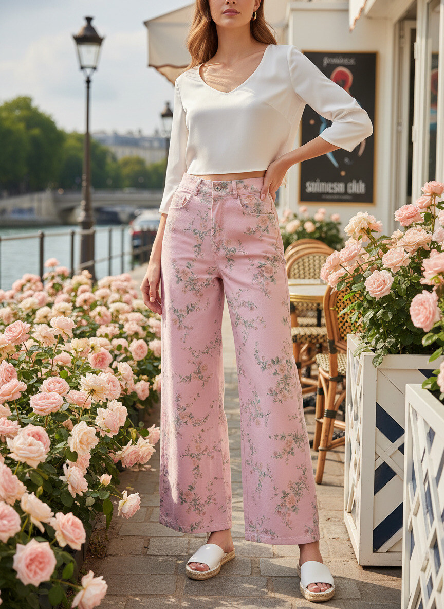 Mayorista LAFÉEROSE - Pantalón ancho de algodón con delicado estampado floral en tonos rosas y verdes