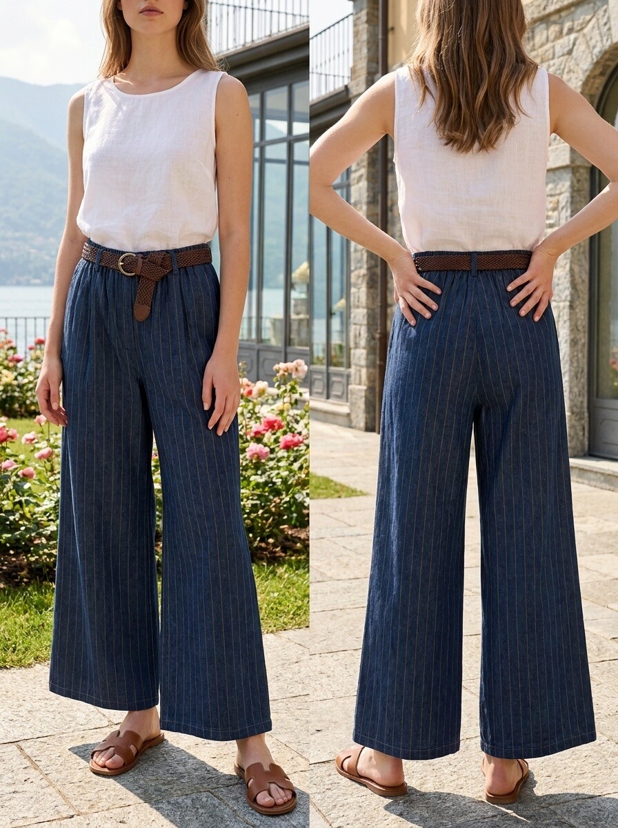 Wholesaler LAFÉEROSE - Flowy Wide-Leg Pants with Pinstripes – Sleek Denim Style