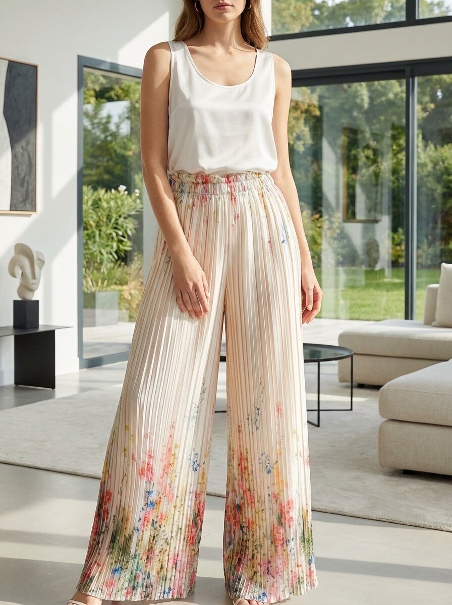 Grossista LAFÉEROSE - Pantaloni fluidi da donna con pieghe a fisarmonica, orli floreali stile pittura a olio, vita elasticizzata con volant