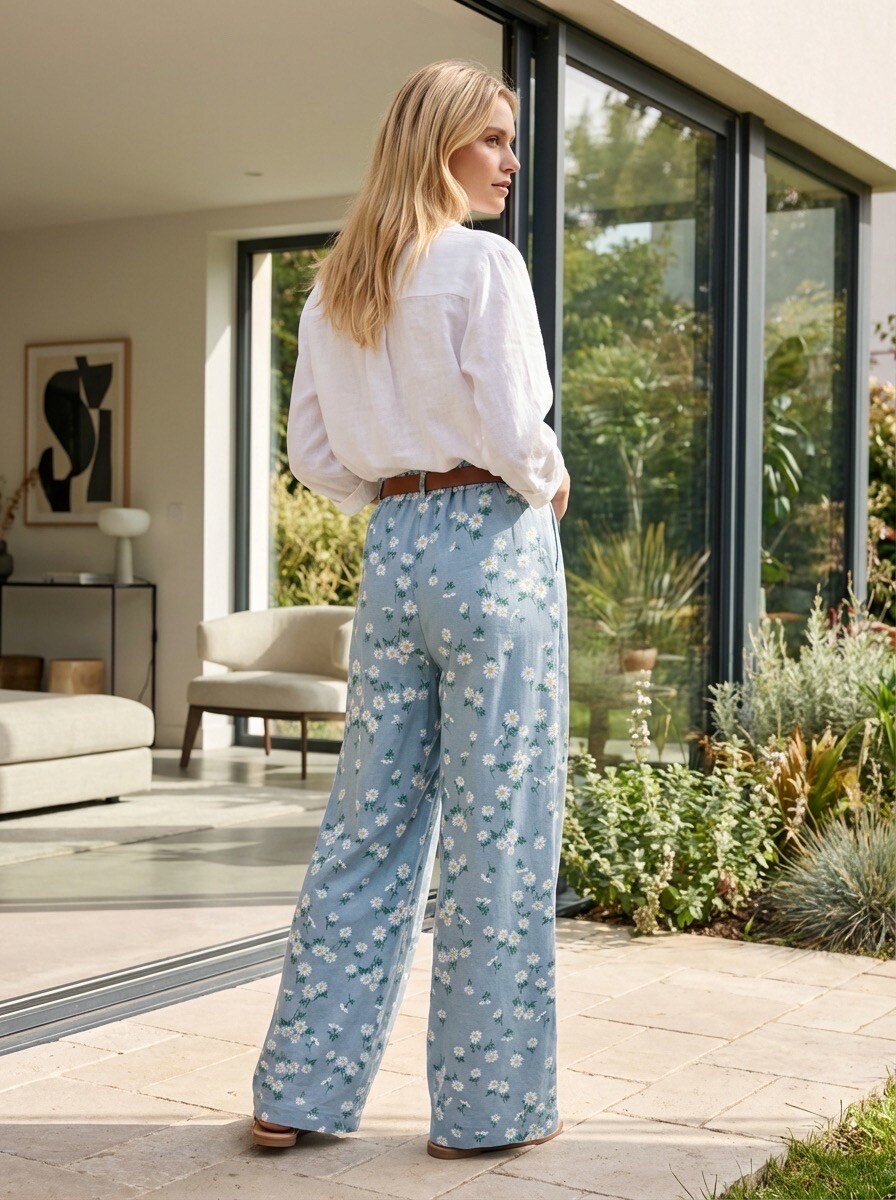 Grossiste LAFÉEROSE - Pantalon jean long fluide en coton droit évasé à poches ceinture imprimé fleurs