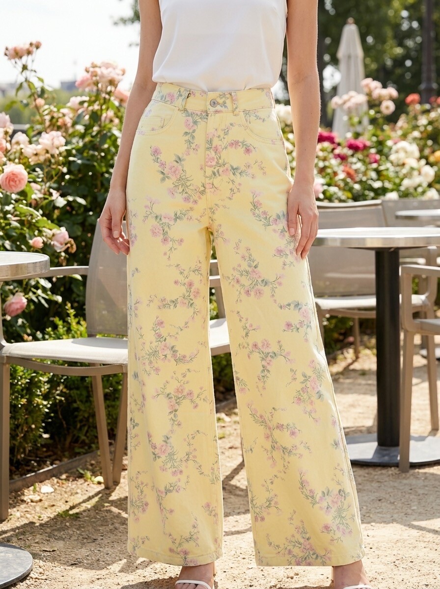 Wholesaler LAFÉEROSE - Wide cotton pants with delicate floral pattern in pink and green tones