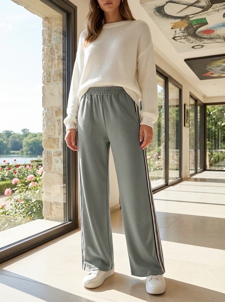Grossiste LAFÉEROSE - Pantalon long à poches en coton à détails bande avec strass et rayures printe