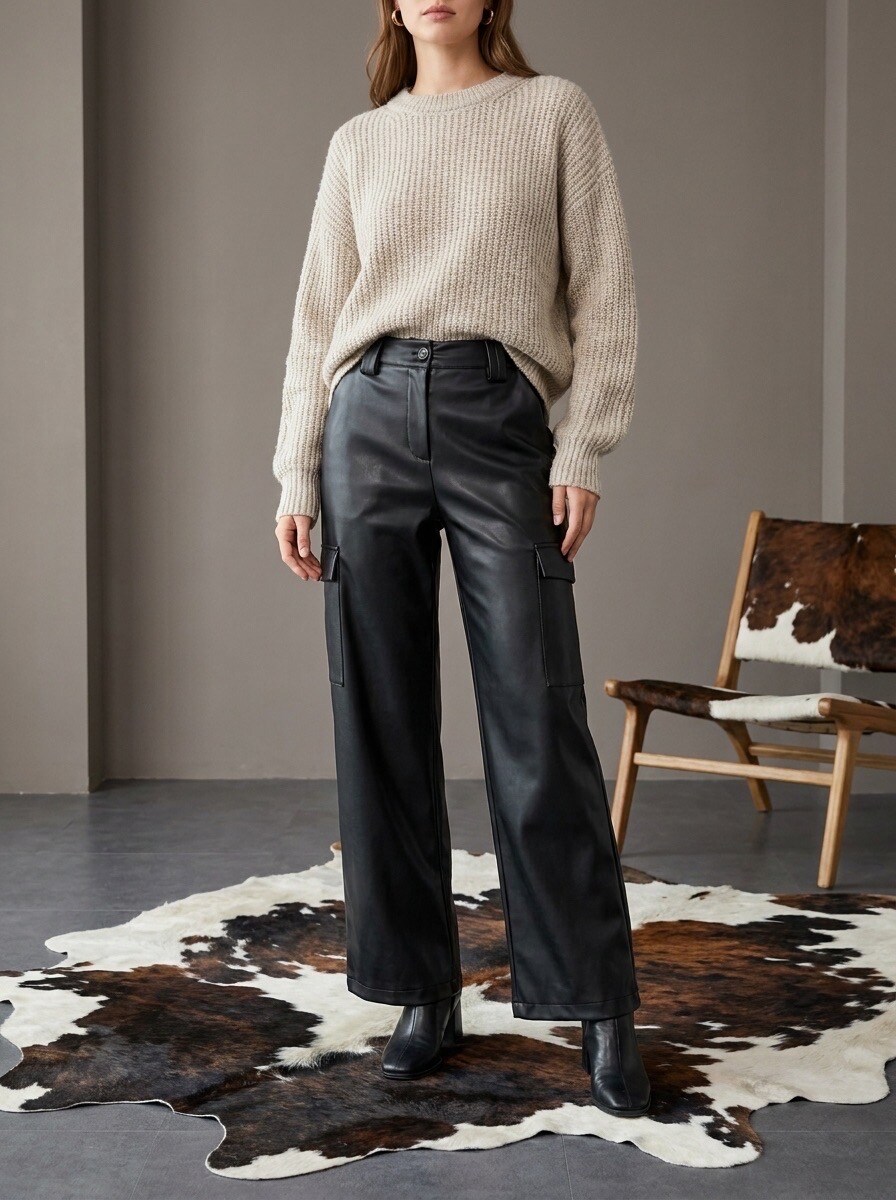 Grossiste LAFÉEROSE - PANTALON LONG STYLE CARGO EN SIMILI CUIR COUPE DROITE LARGE ÉVASÉ