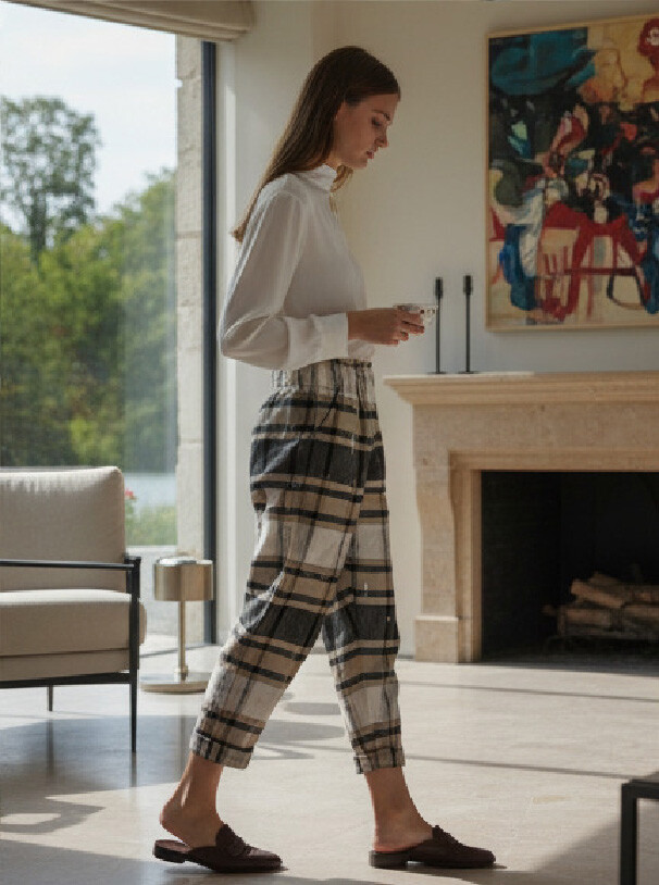 Grossista LAFÉEROSE - Pantaloni cropped - pantaloni in cotone a quadri con tasche ed elastico in vita