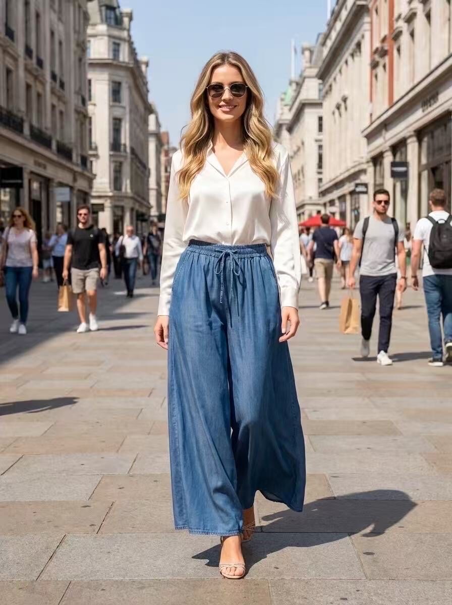 Grossiste LAFÉEROSE - Pantalon jupe culotte fluide en jean souple à poches et très évasé
