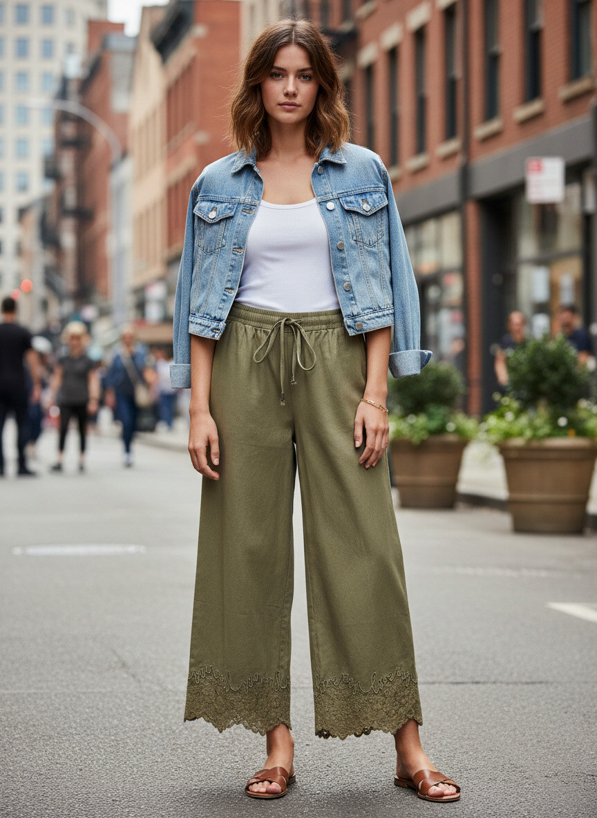 Mayorista LAFÉEROSE - Pantalón Ancho con Acabados de Encaje