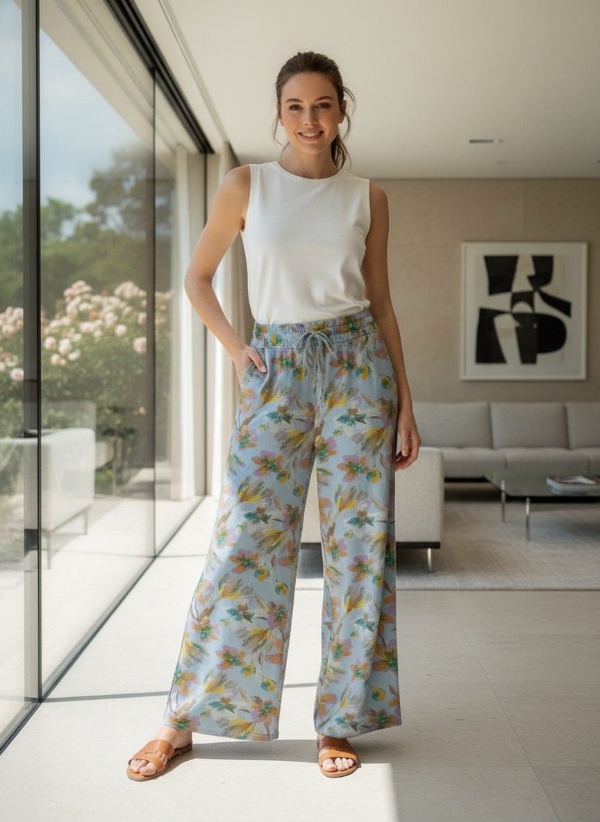 Grossiste LAFÉEROSE - Pantalon fluide en coton imprimé fleurs, coupe large et évasée