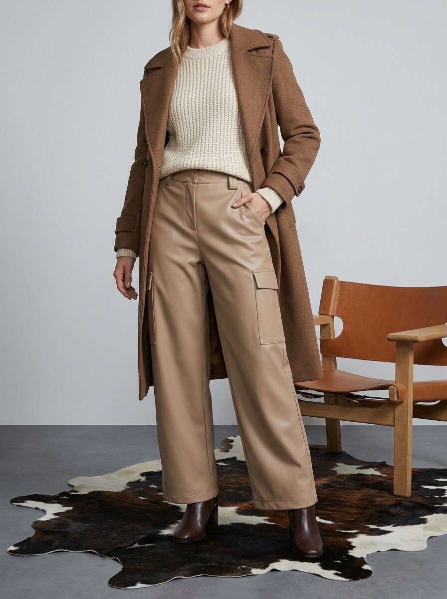 Grossiste LAFÉEROSE - PANTALON LONG STYLE CARGO EN SIMILI CUIR COUPE DROITE LARGE ÉVASÉ