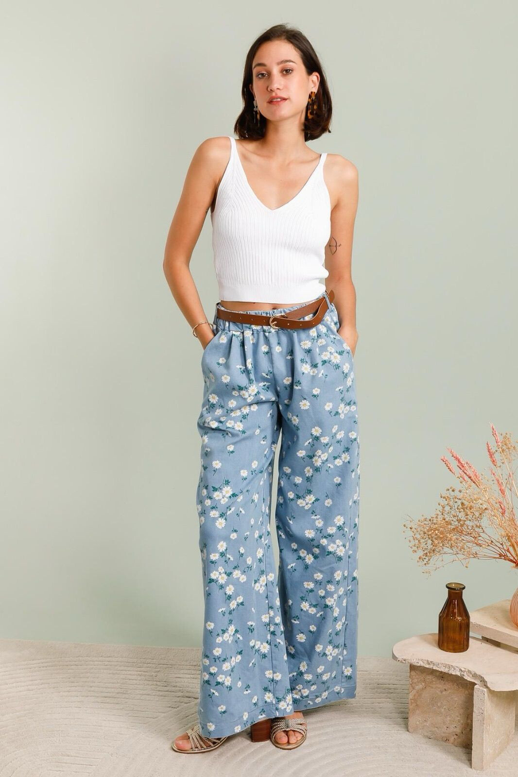 Grossista LAFÉEROSE - Pantaloni fluidi fluidi lunghi in cotone dritto svasato con fiori stampati