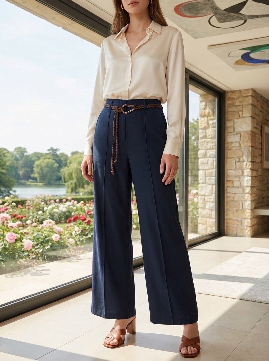Grossiste LAFÉEROSE - Pantalon en lin et viscose fluide à poches et ceinture