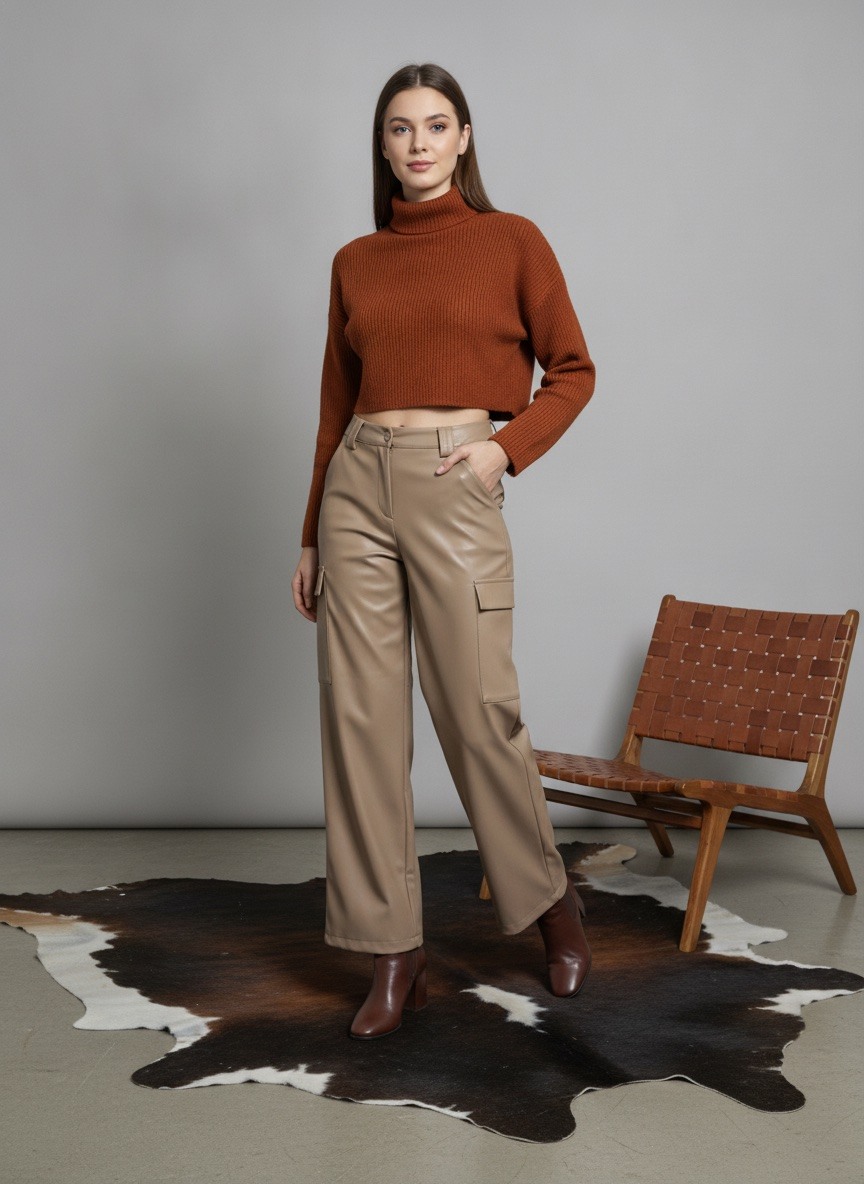 Grossiste LAFÉEROSE - PANTALON LONG STYLE CARGO EN SIMILI CUIR COUPE DROITE LARGE ÉVASÉ
