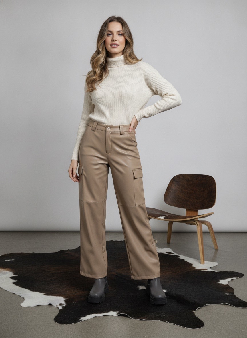 Wholesaler LAFÉEROSE - ELIANA LONG CARGO STYLE TROUSERS IN FAUX LEATHER