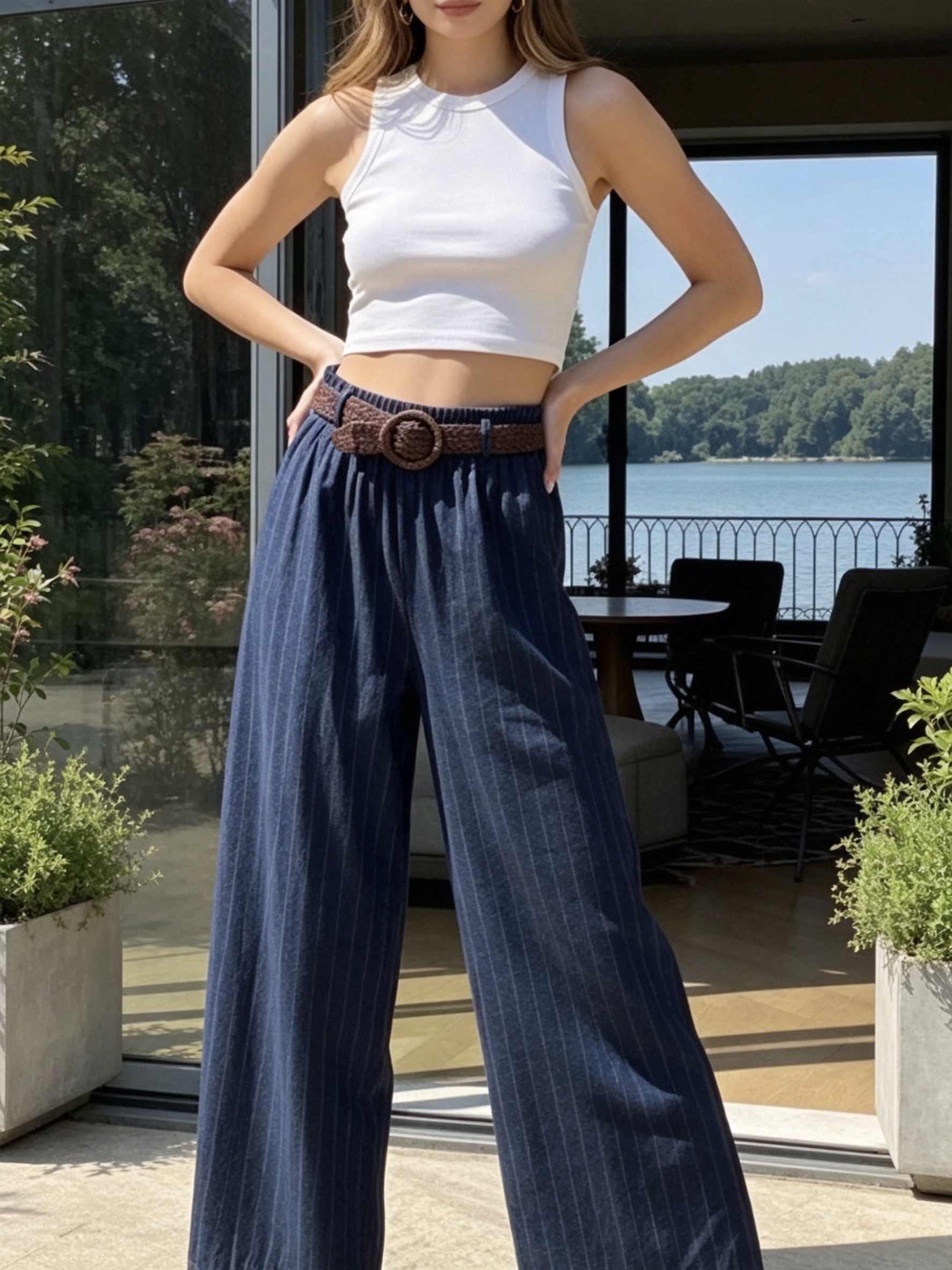 Grossista LAFÉEROSE - Pantaloni Larghi Fluidi a Righe Sottili – Stile Denim Sobrio