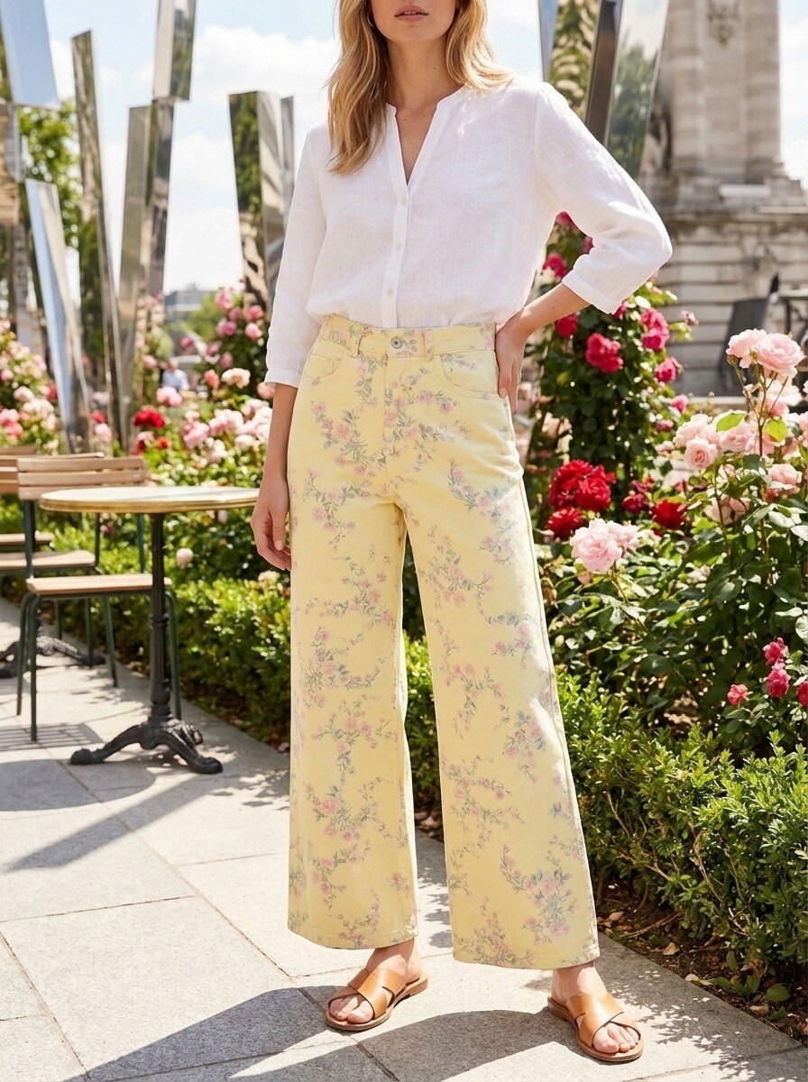 Grossiste LAFÉEROSE - Pantalon large en coton avec motif floral délicat aux tons rose et vert