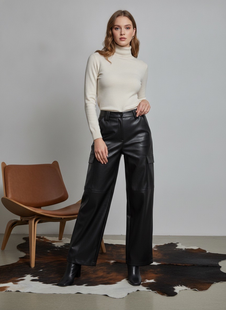 Grossiste LAFÉEROSE - PANTALON LONG STYLE CARGO EN SIMILI CUIR COUPE DROITE LARGE ÉVASÉ
