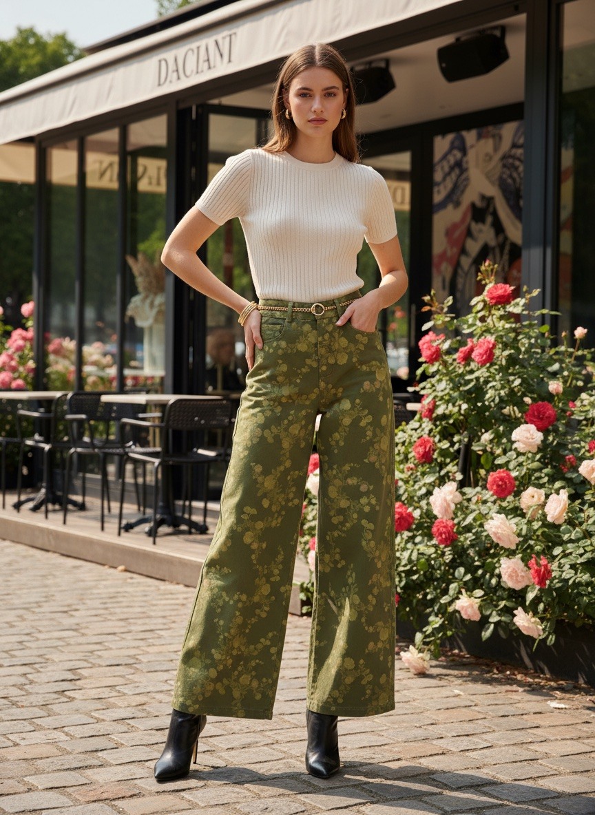 Großhändler LAFÉEROSE - Weite Baumwollhose mit zartem Blumenmuster in Rosa- und Grüntönen