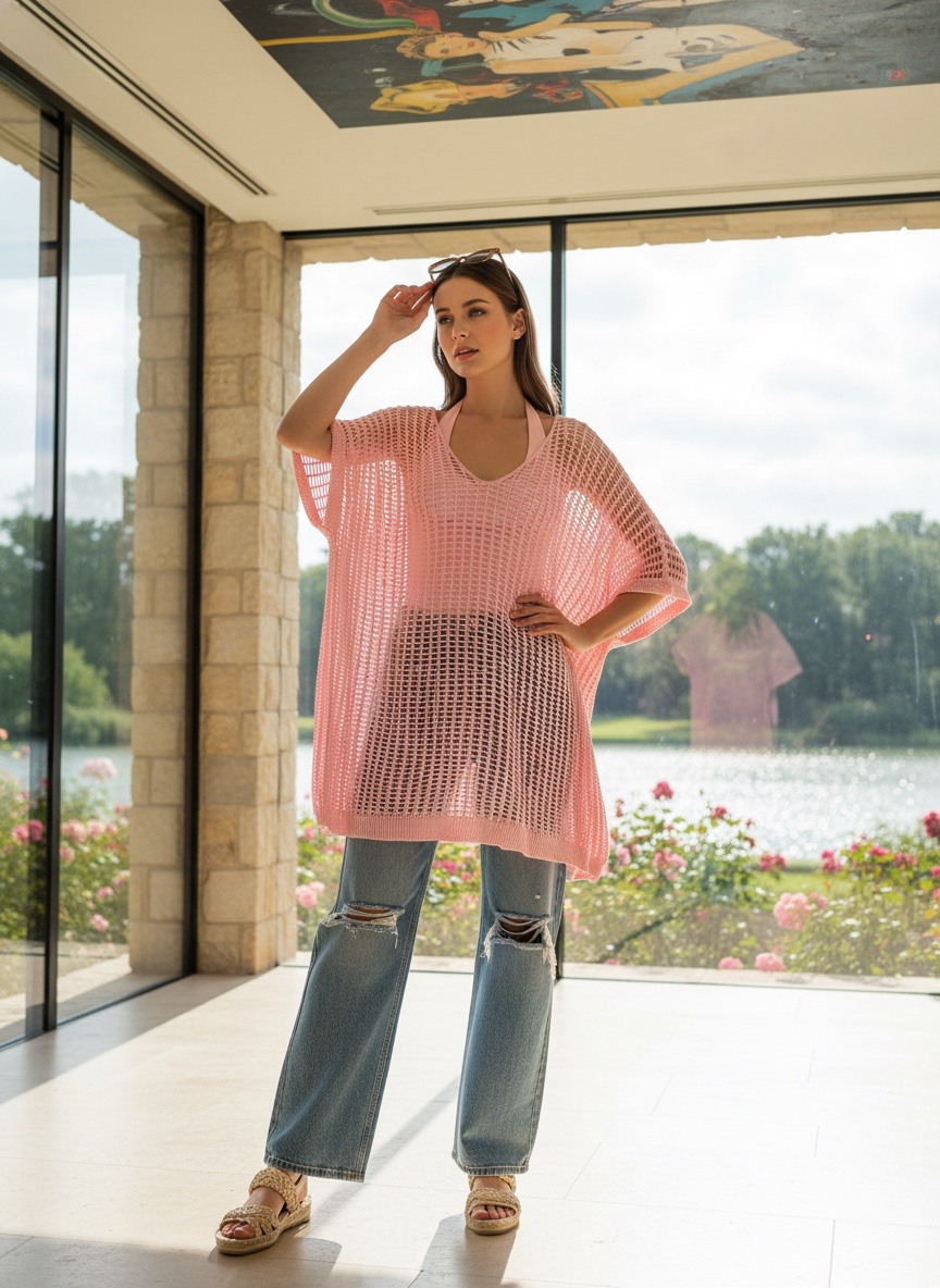 Großhändler LAFÉEROSE - Pull -Kleid - Baumwoll -Baumwolltunika in offenem Netz, breit und flüssig, 3/4 -Ärmel
