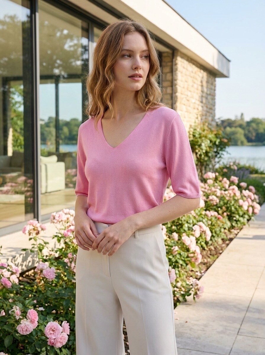 Grossiste LAFÉEROSE - Top Pull doux en modal maille fine uni col V à manches mi-longue basic casual