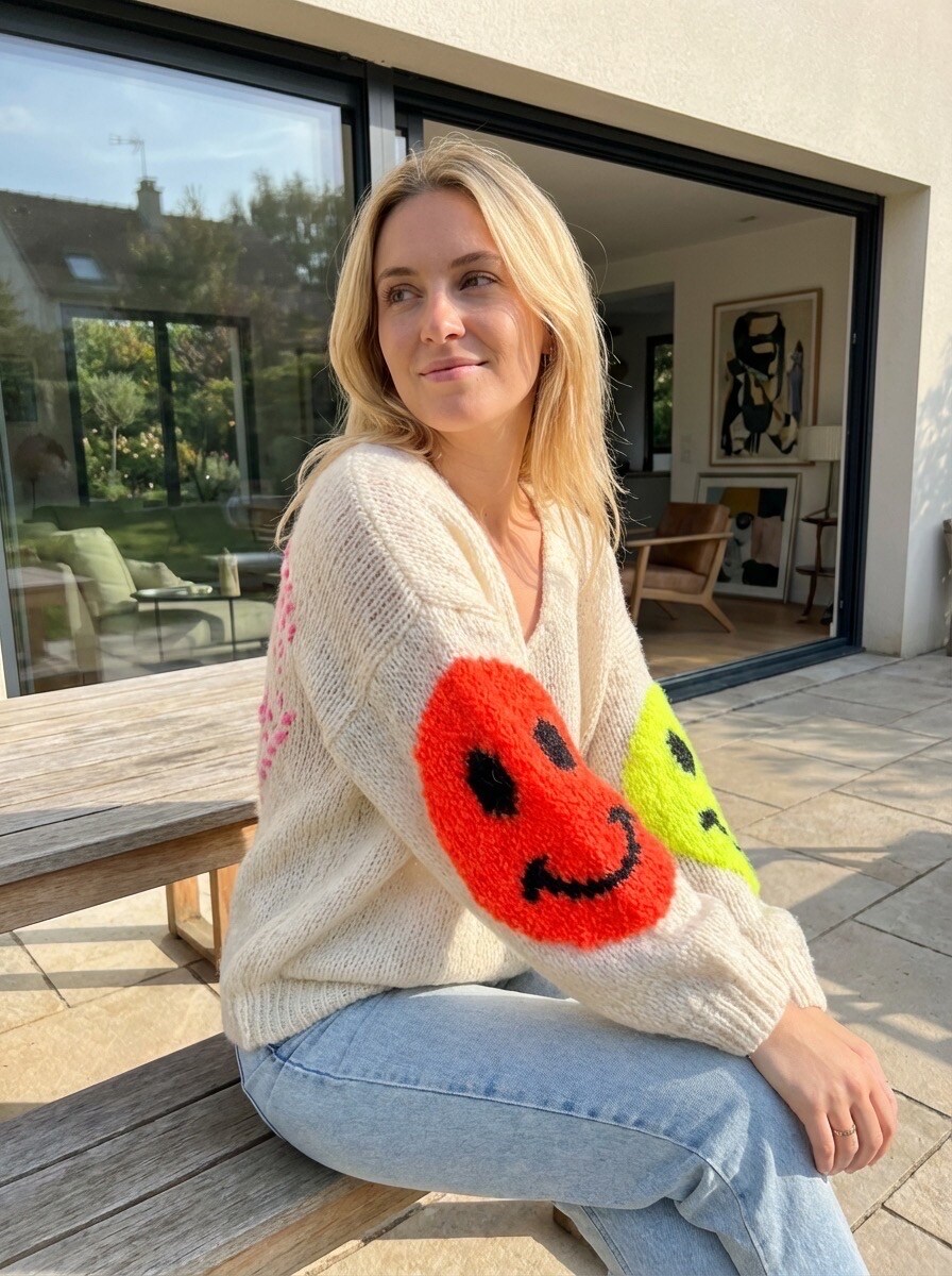 Grossiste LAFÉEROSE - Pull en laine oversize inscription smiley col V manches longues