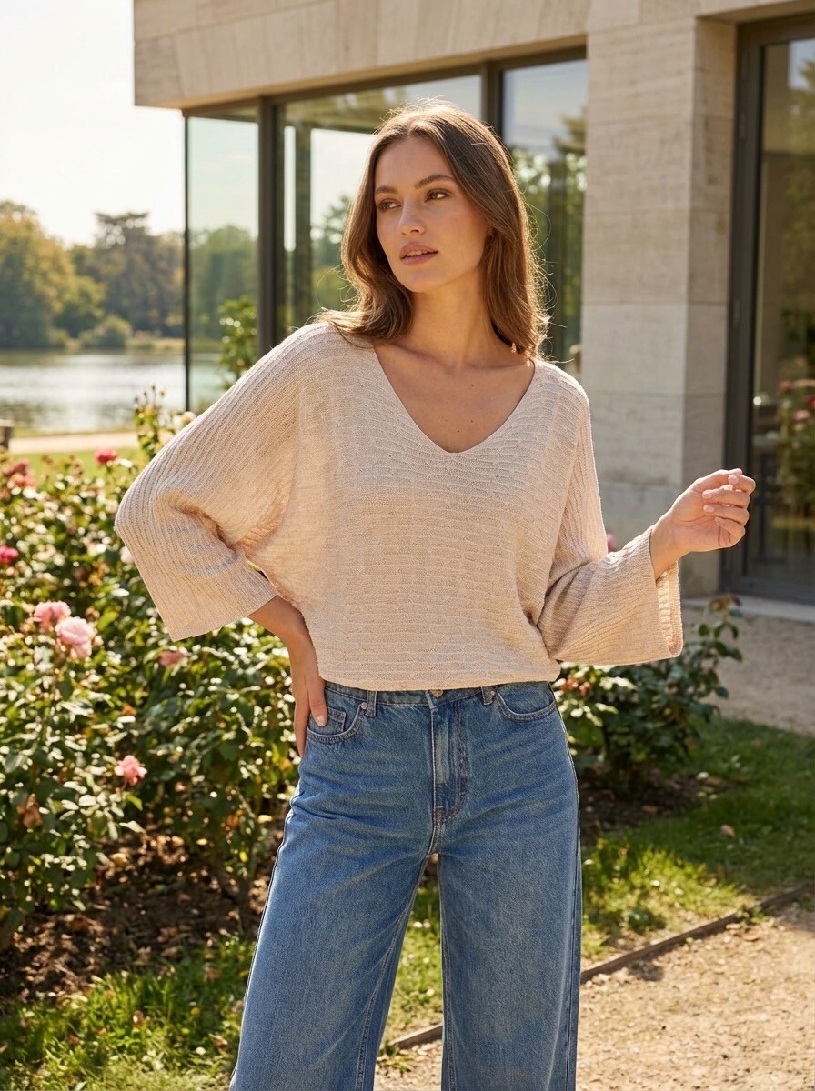 Grossiste LAFÉEROSE - Top - Pull fin en modal doux fluide léger motif texturé manches 3/4 basic boh?