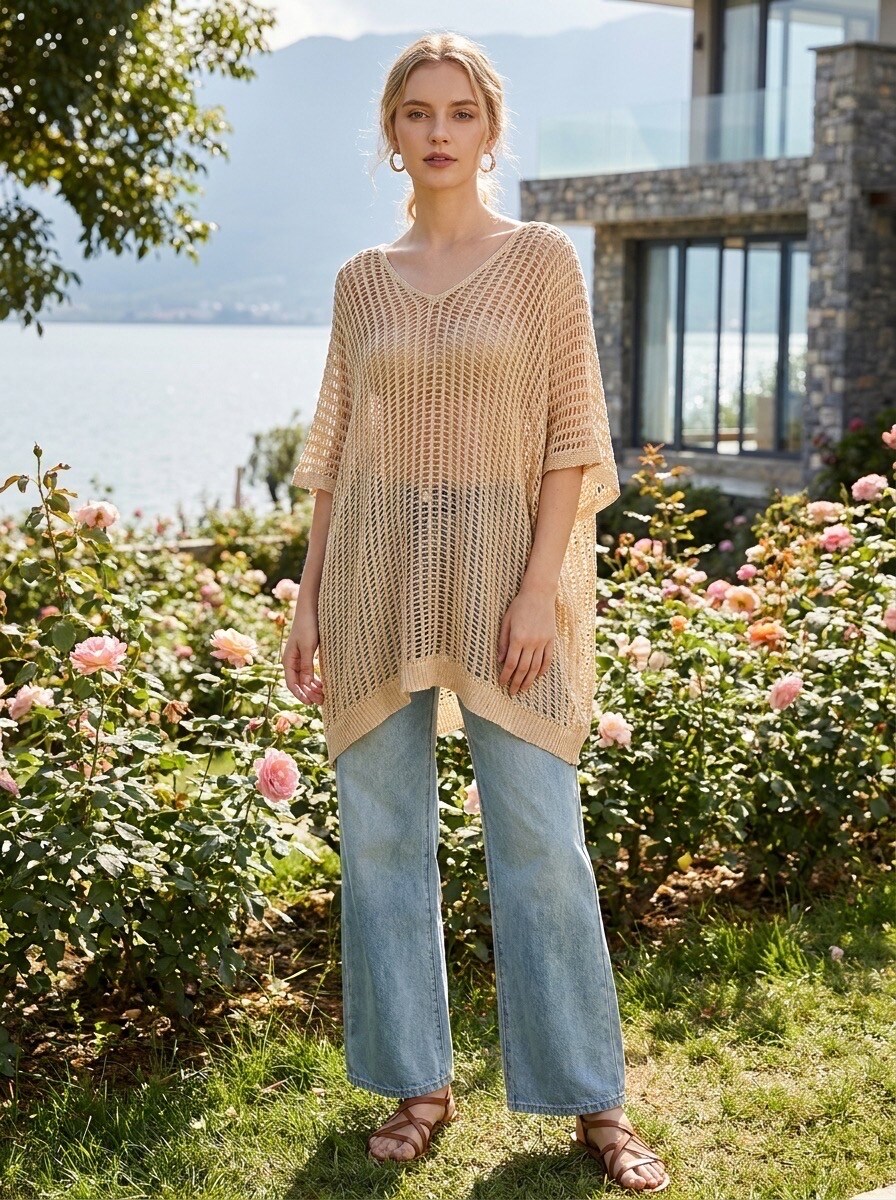 Grossiste LAFÉEROSE - Robe Pull - Tunique col V en coton maille ajourée, large et fluide, manches 3/4