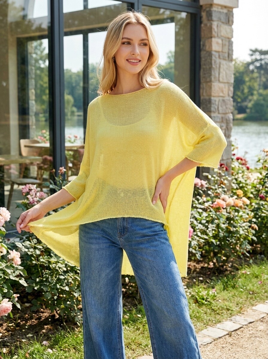 Grossiste LAFÉEROSE - Pull Tunique fluide oversize uni col rond bateau manches 3/4 évasées - basic