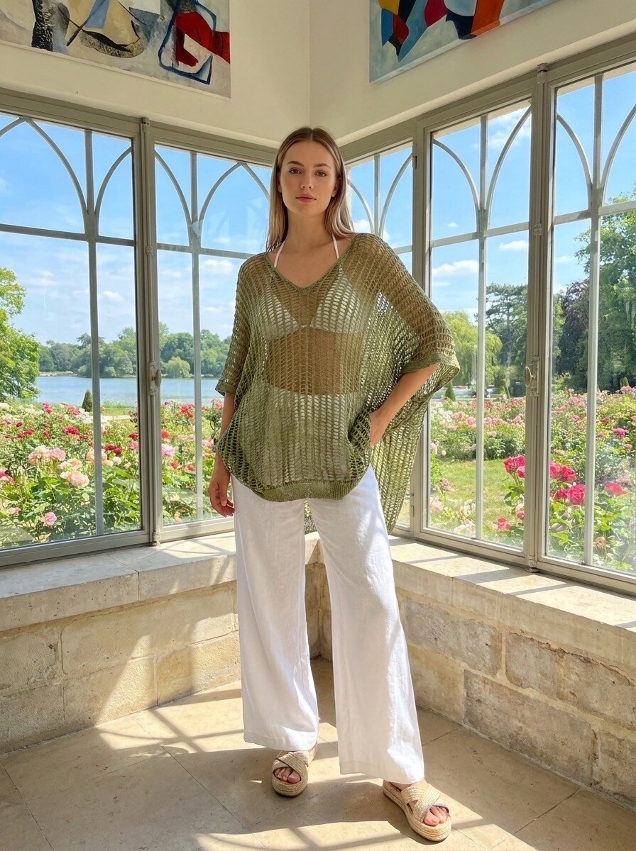 Grossiste LAFÉEROSE - Robe Pull - Tunique col V en coton maille ajourée, large et fluide, manches 3/4