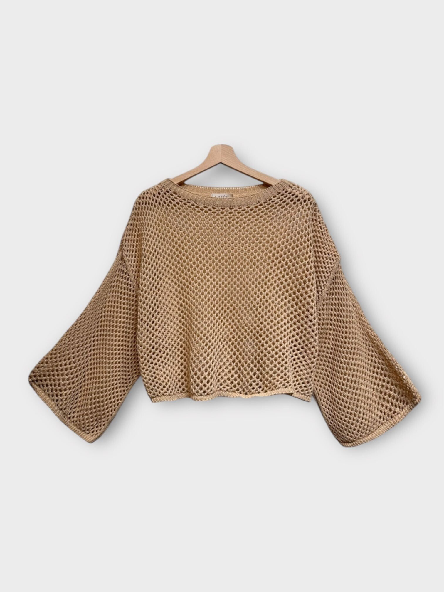 Grossiste LAFÉEROSE - Top Pull crochet en coton à manches évasées volantes col rond - bohème casual