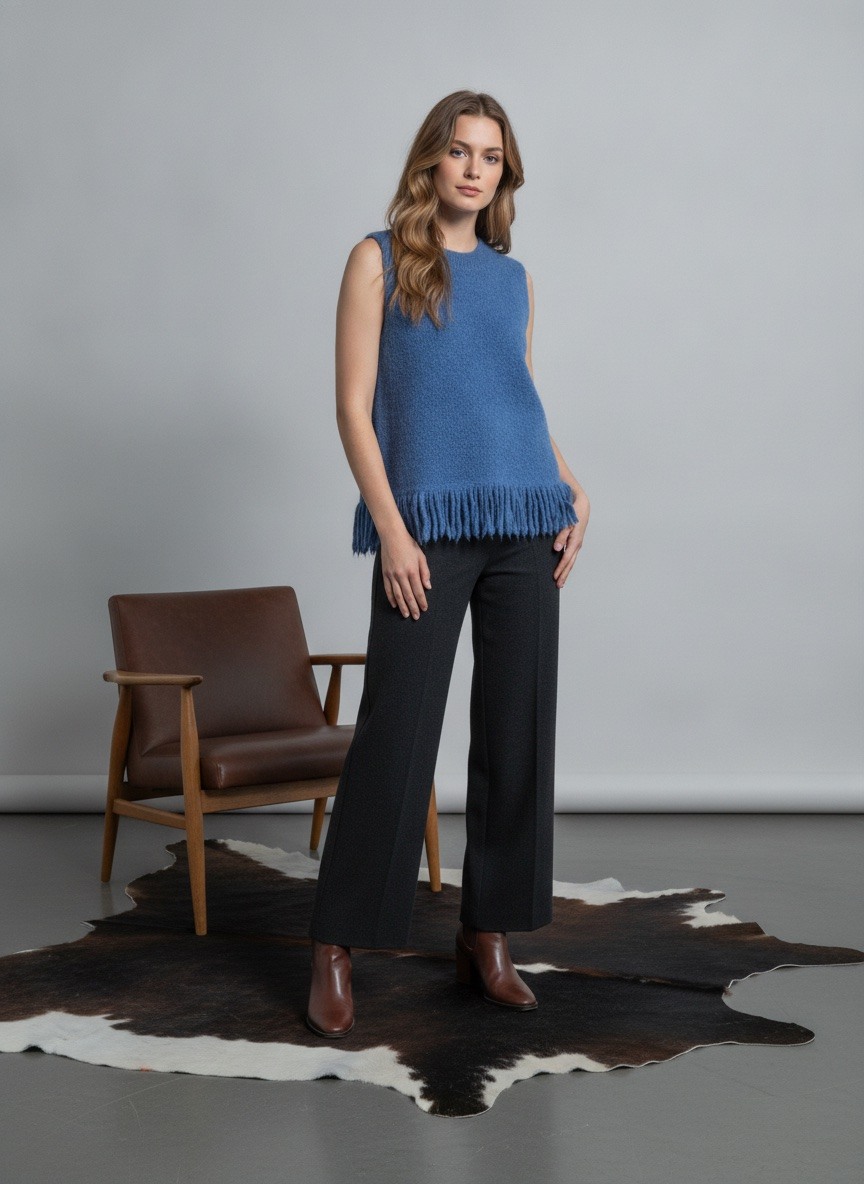 Grossiste LAFÉEROSE - Pull doux sans manches à franges en 40% mohair et 10% laine