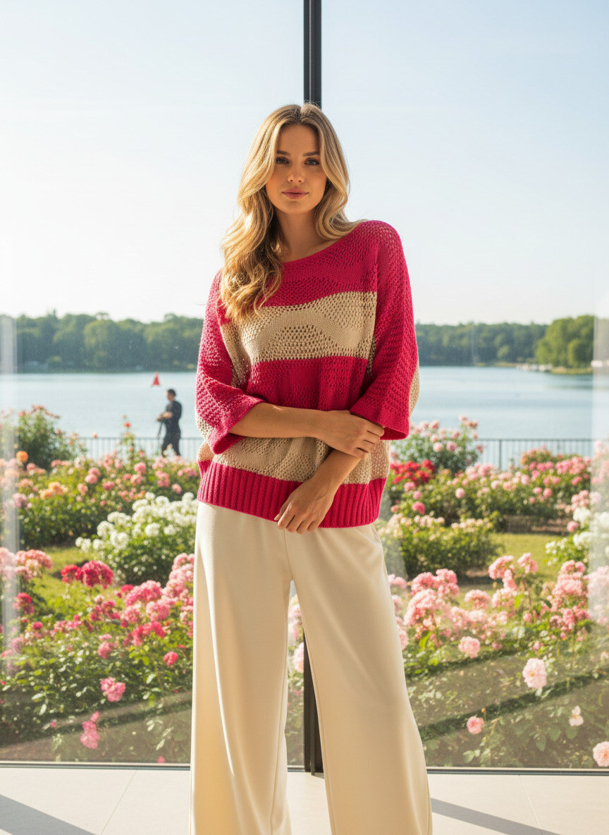 Mayorista LAFÉEROSE - Jersey oversize de crochet con punto calado a rayas, manga 3/4, cuello redondo