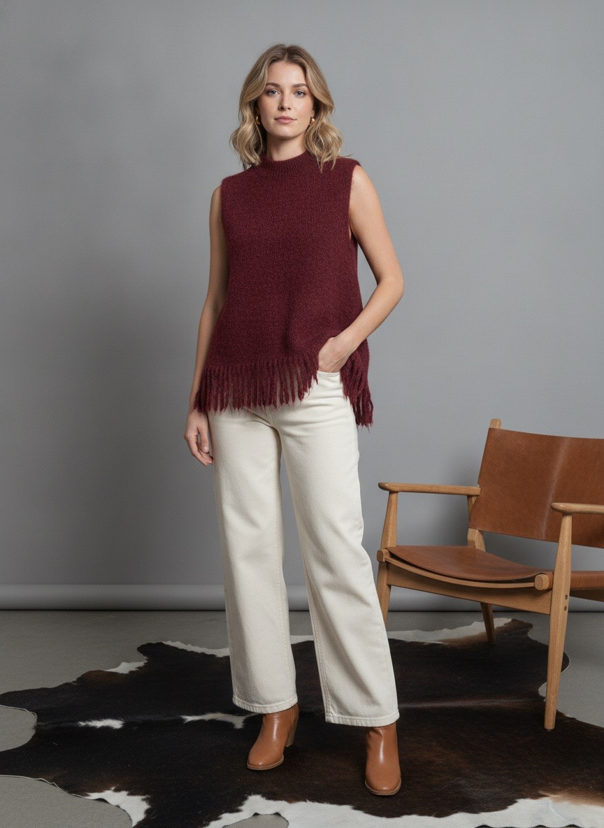Grossiste LAFÉEROSE - Pull doux sans manches à franges en 40% mohair et 10% laine