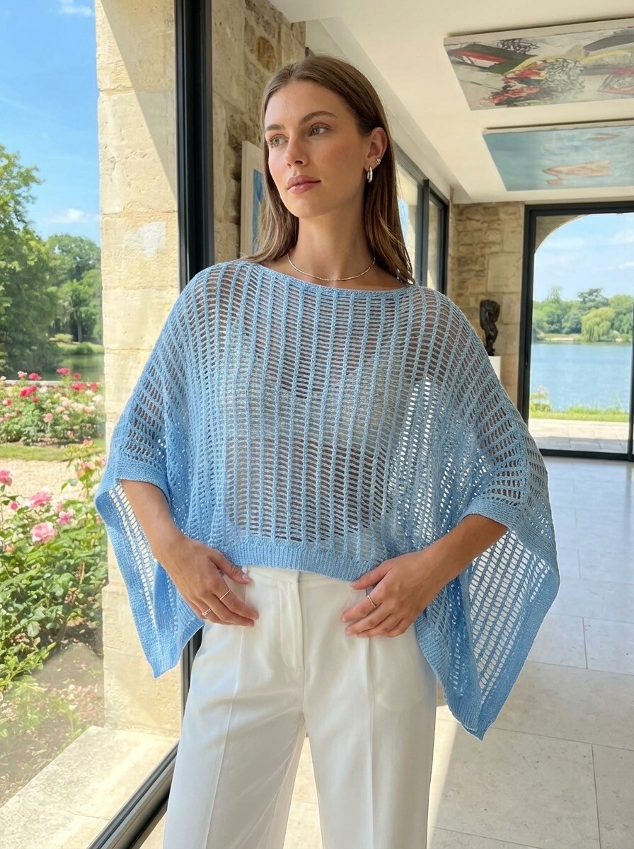 Grossiste LAFÉEROSE - Haut - Pull en coton col V ajouré à mailles larges, ample, manches chauve-sour