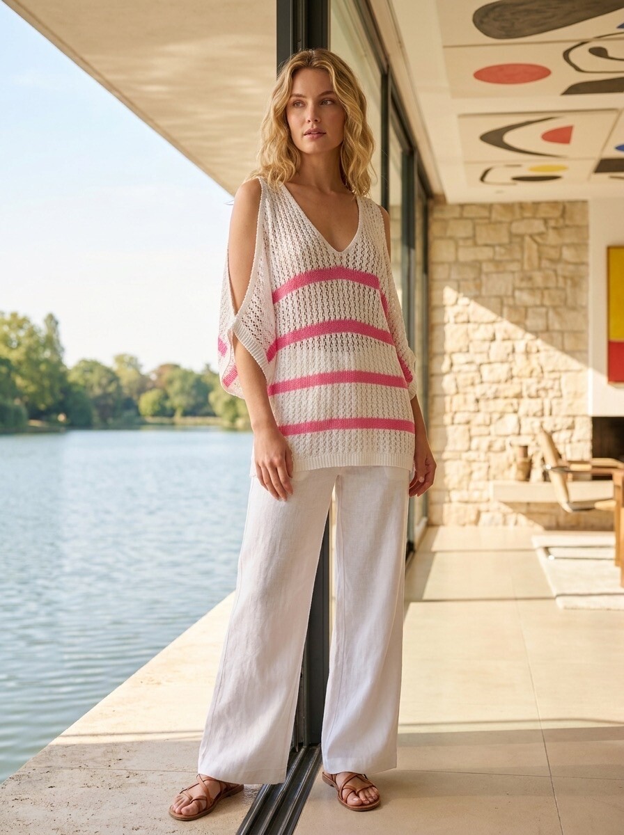 Mayorista LAFÉEROSE - Crochet de algodón superior V -Neck con rayas y hombros abiertos de gran tamaño