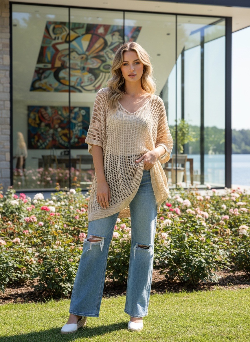 Wholesaler LAFÉEROSE - Pull dress - Cotton cotton tunic in openwork mesh, wide and fluid, 3/4 sleeves