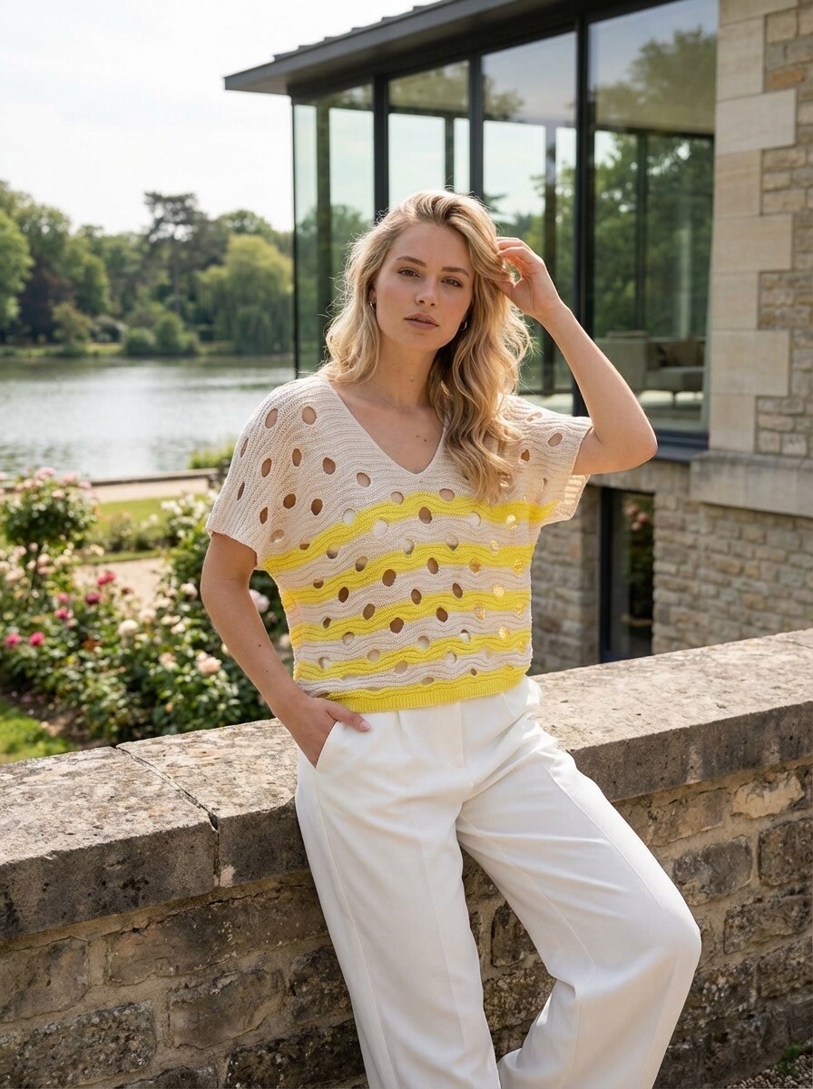 Mayorista LAFÉEROSE - Suéter superior Crochet V -neck V -Slleved acampado con rayas y abiertas