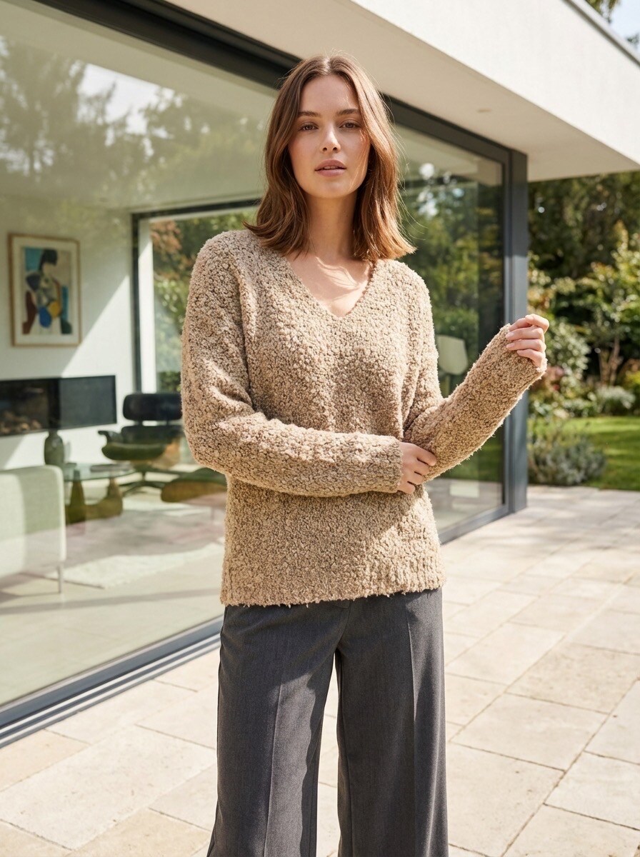 Maglione Donna Autunno Inverno A Maniche Lunghe Con Scollo A V | Lavorato A Coste E Strisce Verticali