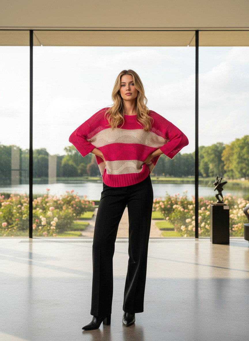 Großhändler LAFÉEROSE - Übergroßes Häkelpullover-Oberteil mit gestreiftem, durchbrochen gestricktem Rundhalsausschnitt mit 3/4-Ärmeln