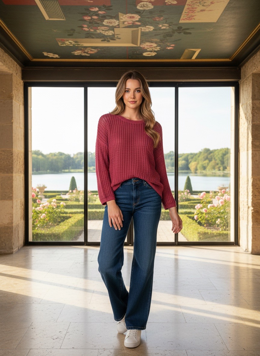 Grossiste LAFÉEROSE - Top Pull en crochet en 100% viscose uni col rond manches longues oversize