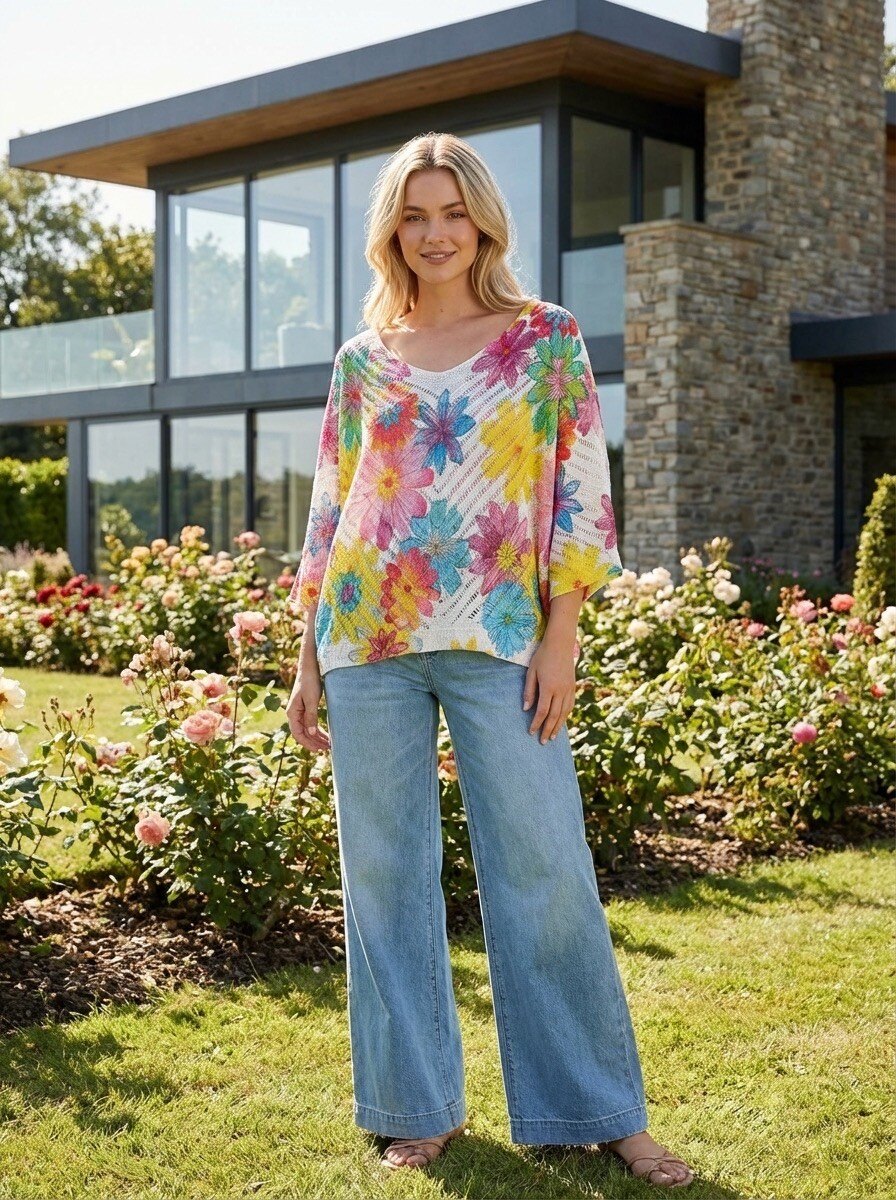 Grossista LAFÉEROSE - Maglione all'uncinetto in viscose stampate 3/4 maniche - v -C.