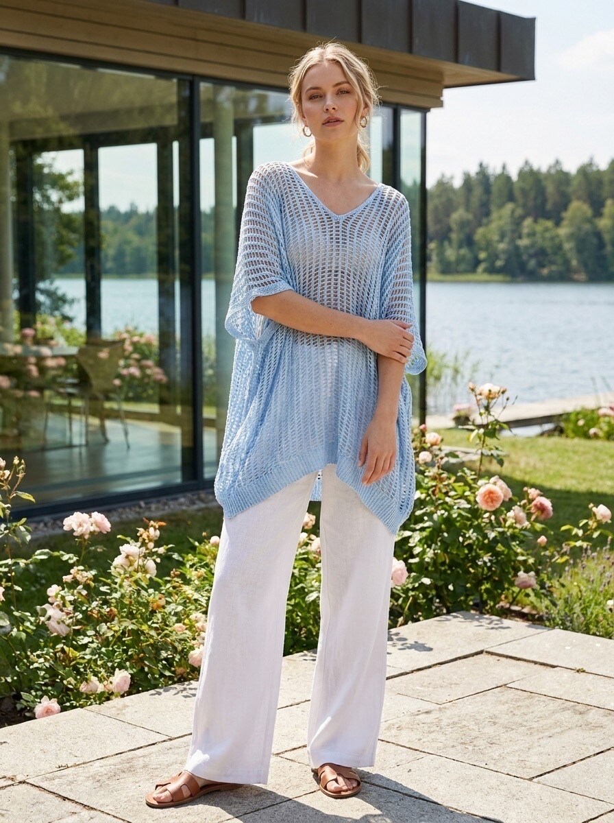 Grossiste LAFÉEROSE - Robe Pull - Tunique col V en coton maille ajourée, large et fluide, manches 3/4
