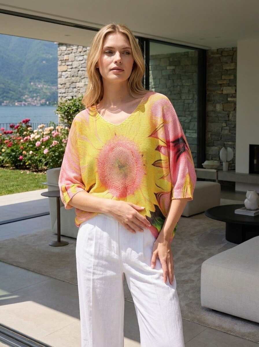 Großhändler LAFÉEROSE - Häkelpullover in bedruckten Viskose 3/4 Ärmel - V -Neck, übergroß