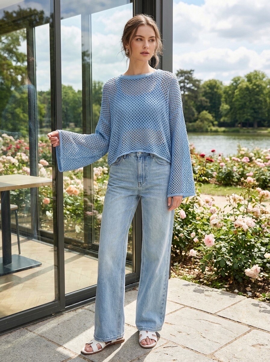 Grossiste LAFÉEROSE - Top Pull crochet en coton à manches évasées volantes col rond - bohème casua