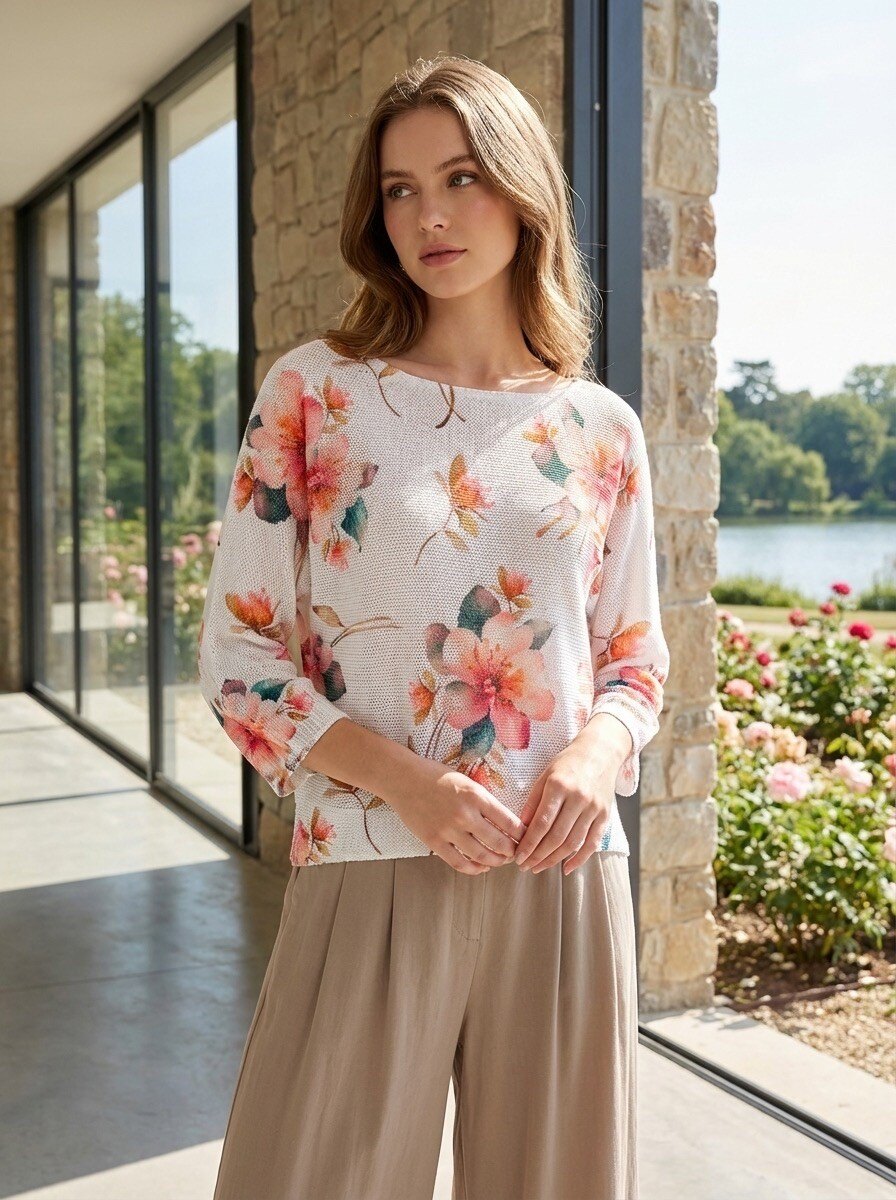 Großhändler LAFÉEROSE - Top - Häkelpullover hat Blumendruck in 3/4 ausgestellten Viskose -Ärmeln gefärbt