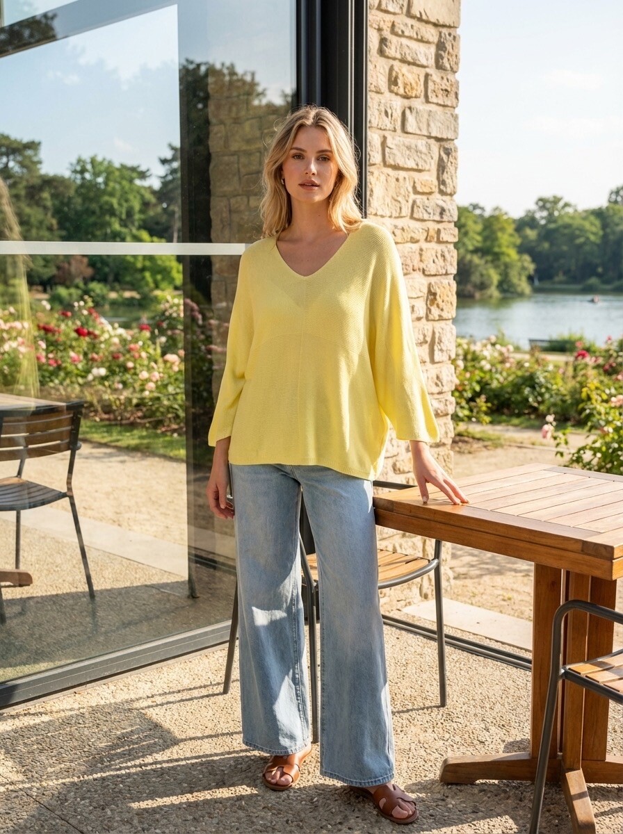 Grossiste LAFÉEROSE - Top pull fin fluide en modal col V et manches longues évasées à motifs textu
